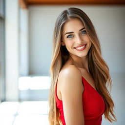 A clear portrait of a confident young woman with long, flowing hair, dressed in an elegant, form-fitting red dress that accentuates her figure