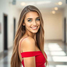 A clear portrait of a confident young woman with long, flowing hair, dressed in an elegant, form-fitting red dress that accentuates her figure