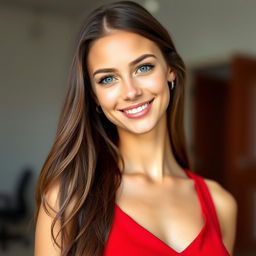 A clear portrait of a confident young woman with long, flowing hair, dressed in an elegant, form-fitting red dress that accentuates her figure