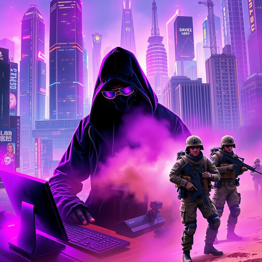 A vibrant cyberpunk cityscape featuring a dark figure in a hooded jacket, wearing a mask and futuristic glasses, intently sitting in front of a sleek computer and keyboard