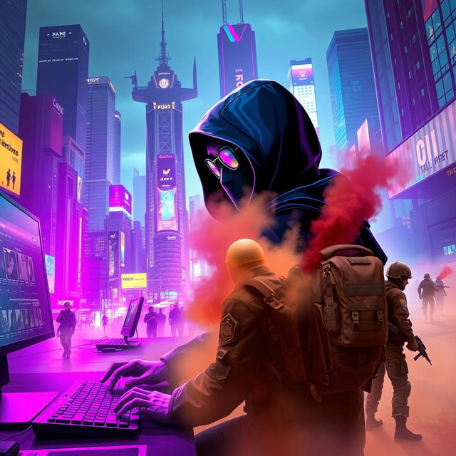 A vibrant cyberpunk cityscape featuring a dark figure in a hooded jacket, wearing a mask and futuristic glasses, intently sitting in front of a sleek computer and keyboard