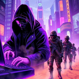 A vibrant cyberpunk cityscape featuring a dark figure in a hooded jacket, wearing a mask and futuristic glasses, intently sitting in front of a sleek computer and keyboard