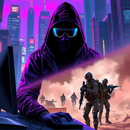 A vibrant cyberpunk cityscape featuring a dark figure in a hooded jacket, wearing a mask and futuristic glasses, intently sitting in front of a sleek computer and keyboard