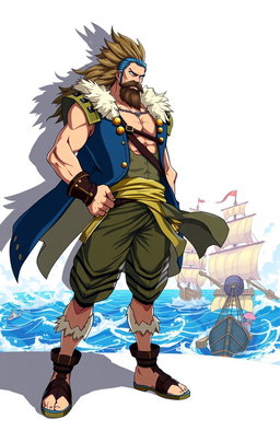 A dynamic illustration of a new character inspired by One Piece, featuring a powerful-looking man with long hair, an impressively styled mustache, and a robust beard