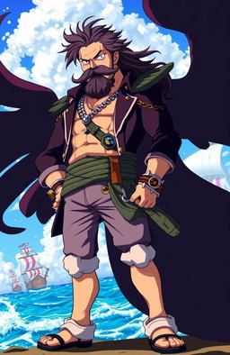 A dynamic illustration of a new character inspired by One Piece, featuring a powerful-looking man with long hair, an impressively styled mustache, and a robust beard