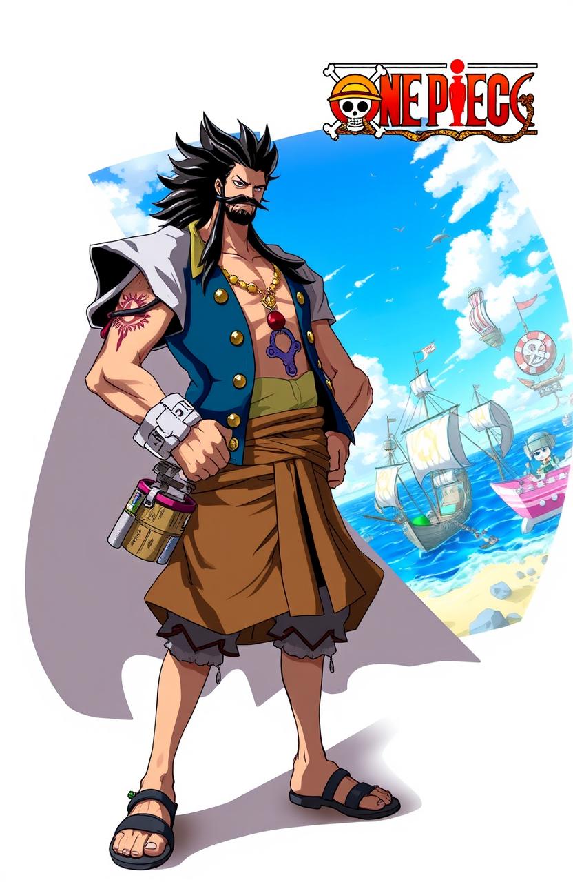 A dynamic illustration of a new character inspired by One Piece, featuring a powerful-looking man with long hair, an impressively styled mustache, and a robust beard