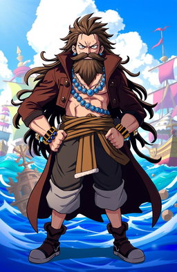 A dynamic illustration of a new character inspired by One Piece, featuring a powerful-looking man with long hair, an impressively styled mustache, and a robust beard