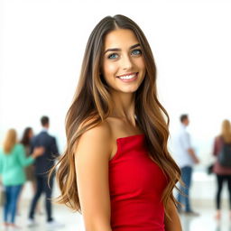 A clear portrait of a confident young woman with long, flowing hair, dressed in an elegant, form-fitting red dress that accentuates her figure