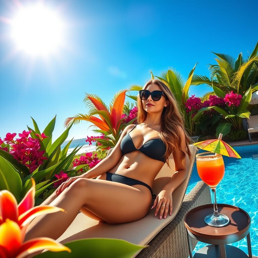 A beautiful woman lounging on a sunbed next to a shimmering pool, wearing a stylish black bikini and oversized sunglasses