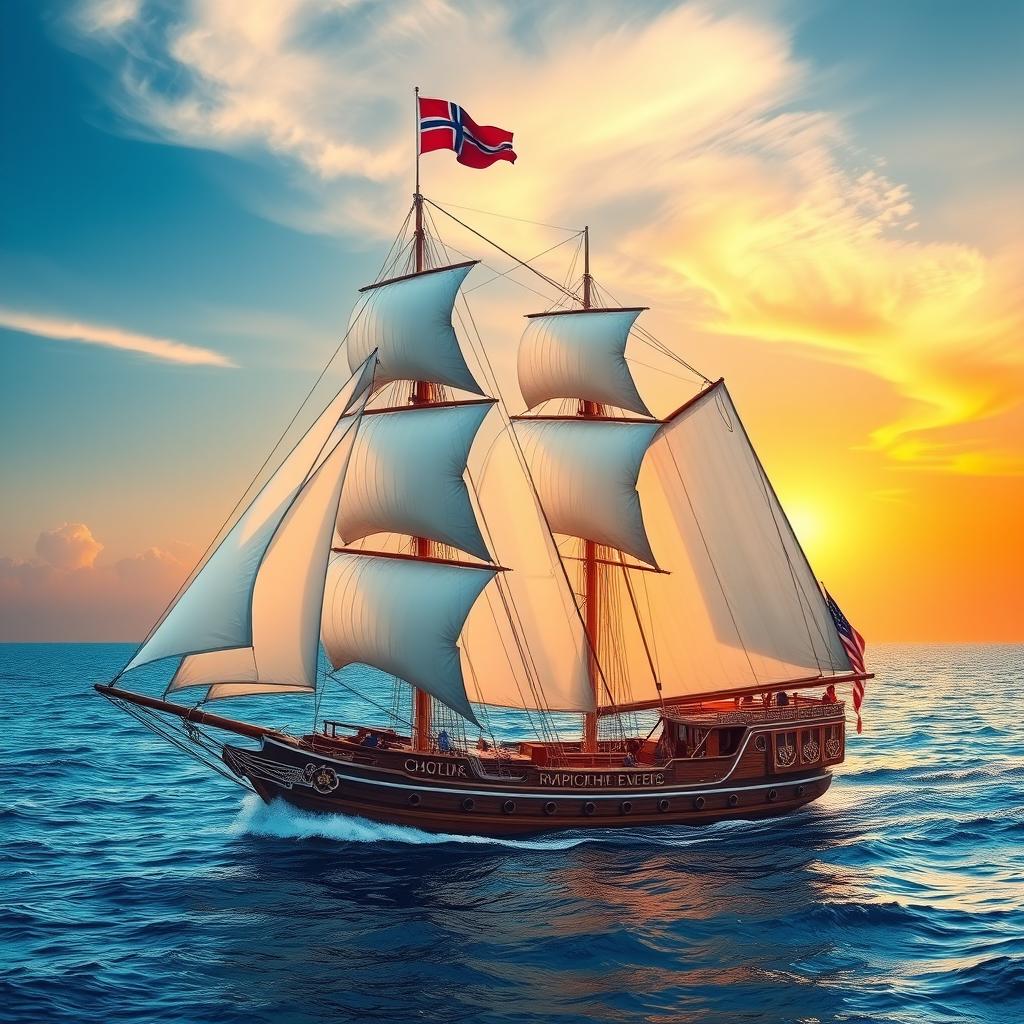 A majestic sailing ship navigating through tranquil blue waters, with billowing white sails catching the wind