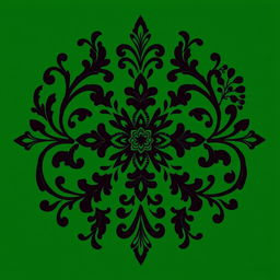 A striking batik motif design featuring intricate patterns in bold black against a rich green background