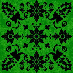 A striking batik motif design featuring intricate patterns in bold black against a rich green background