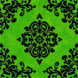 A striking batik motif design featuring intricate patterns in bold black against a rich green background
