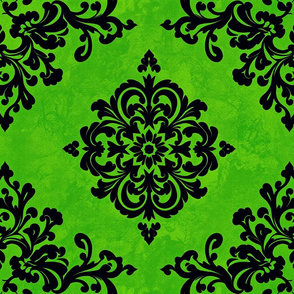 A striking batik motif design featuring intricate patterns in bold black against a rich green background