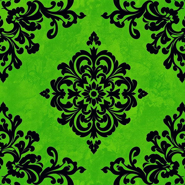 A striking batik motif design featuring intricate patterns in bold black against a rich green background
