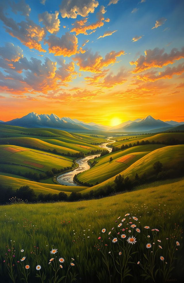 A classic landscape painting featuring a serene countryside scene with rolling hills and a vibrant sunset