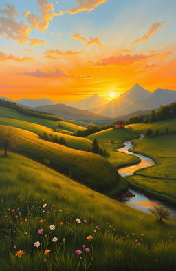 A classic landscape painting featuring a serene countryside scene with rolling hills and a vibrant sunset