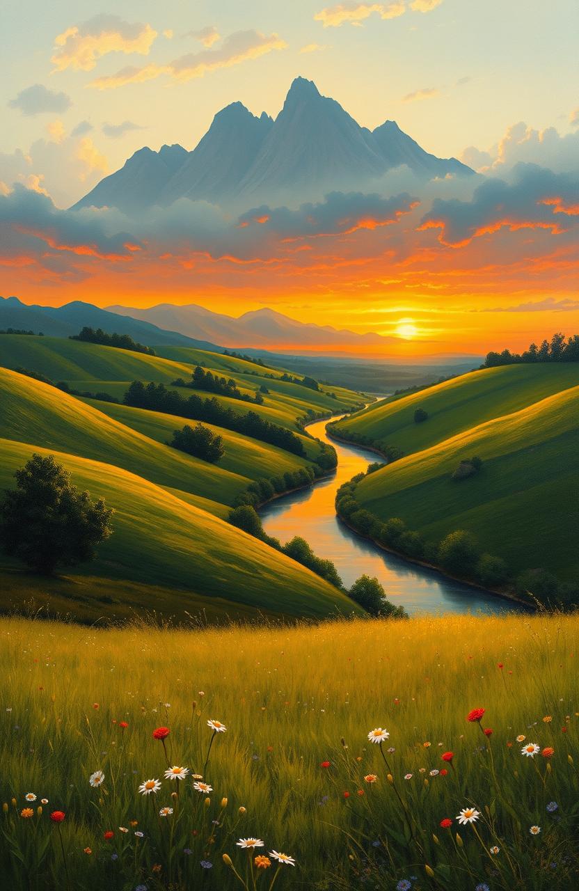 A classic landscape painting featuring a serene countryside scene with rolling hills and a vibrant sunset