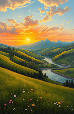 A classic landscape painting featuring a serene countryside scene with rolling hills and a vibrant sunset