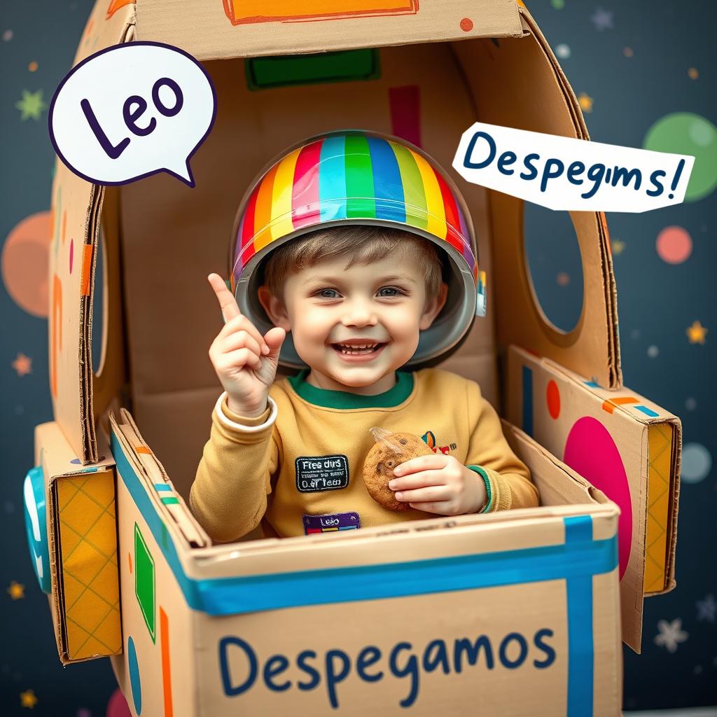 A cheerful young boy named Leo, wearing a colorful astronaut cap, sitting inside a vibrant spaceship made entirely of cardboard boxes, adorned with colorful tape and paint, surrounded by bright colors and imaginative designs