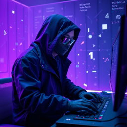 A figure in a dark hooded jacket, mask, and futuristic glasses, engaged in typing on a keyboard