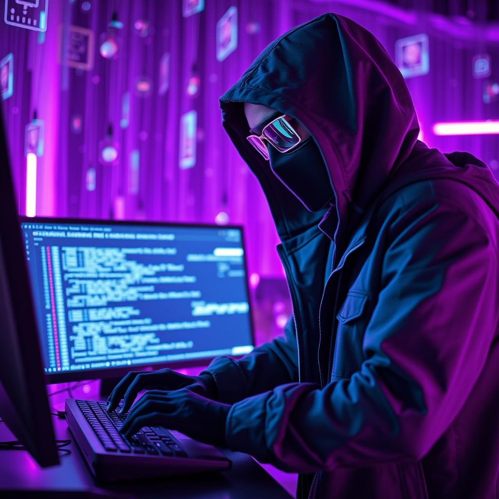 A figure in a dark hooded jacket, mask, and futuristic glasses, engaged in typing on a keyboard
