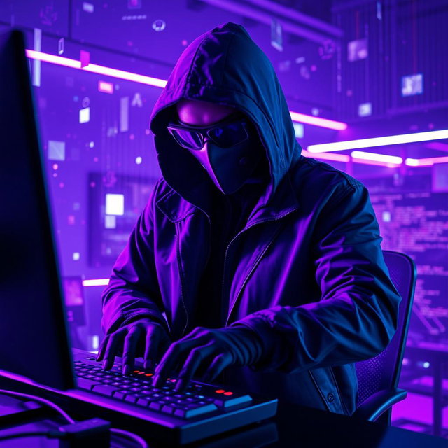 A figure in a dark hooded jacket, mask, and futuristic glasses, engaged in typing on a keyboard