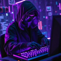 A figure in a dark hooded jacket, mask, and futuristic glasses, engaged in typing on a keyboard