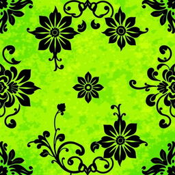 A beautiful batik motif design featuring intricate patterns in vivid black set against a vibrant green background