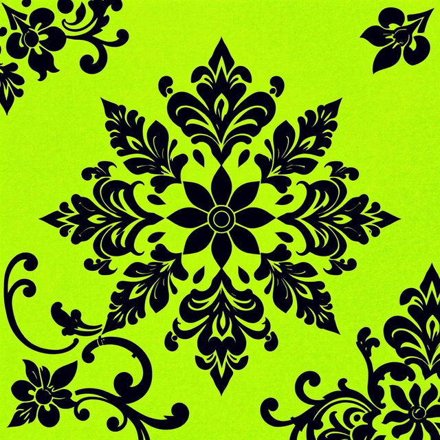 A beautiful batik motif design featuring intricate patterns in vivid black set against a vibrant green background