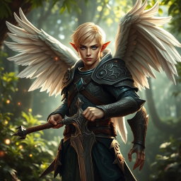 A fierce elven guardian warrior with short blonde hair and striking blue eyes, showcasing majestic wings that extend gracefully from his back