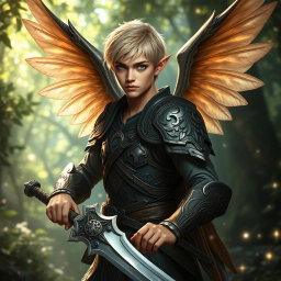 A fierce elven guardian warrior with short blonde hair and striking blue eyes, showcasing majestic wings that extend gracefully from his back