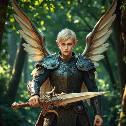 A fierce elven guardian warrior with short blonde hair and striking blue eyes, showcasing majestic wings that extend gracefully from his back