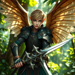 A fierce elven guardian warrior with short blonde hair and striking blue eyes, showcasing majestic wings that extend gracefully from his back