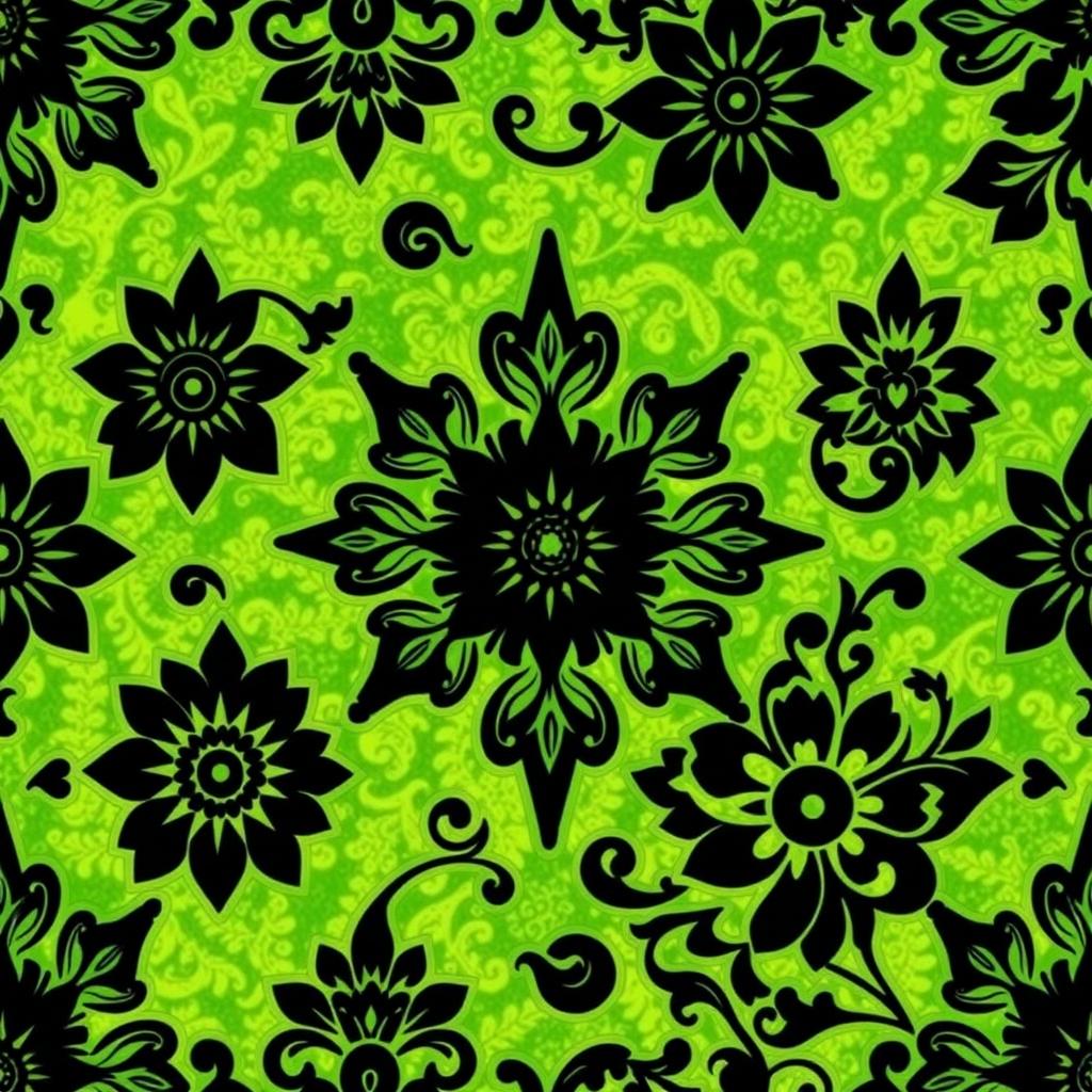 An exquisite batik motif design featuring elaborate patterns in striking black, beautifully contrasted against a vibrant green background