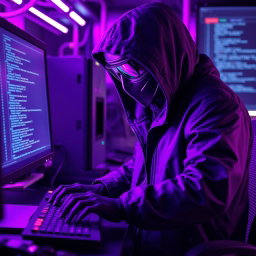 A figure dressed in a dark hooded jacket, wearing a mask and futuristic glasses, intensely focused on typing on a keyboard