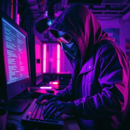 A figure dressed in a dark hooded jacket, wearing a mask and futuristic glasses, intensely focused on typing on a keyboard