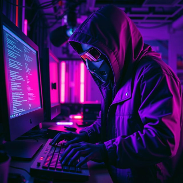 A figure dressed in a dark hooded jacket, wearing a mask and futuristic glasses, intensely focused on typing on a keyboard