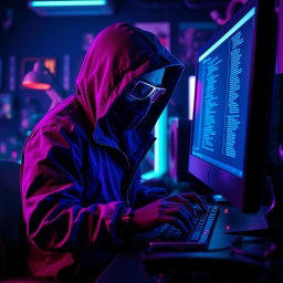 A figure dressed in a dark hooded jacket, wearing a mask and futuristic glasses, intensely focused on typing on a keyboard