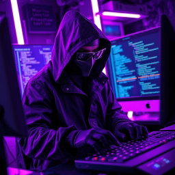 A figure dressed in a dark hooded jacket, wearing a mask and futuristic glasses, intensely focused on typing on a keyboard