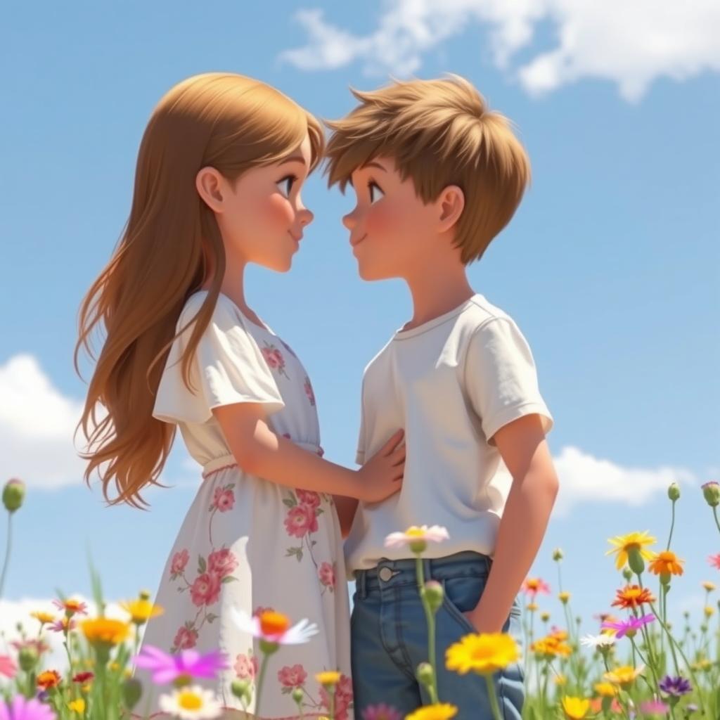 A charming scene featuring a girl and boy looking into each other's eyes with tender expressions