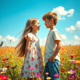 A charming scene featuring a girl and boy looking into each other's eyes with tender expressions