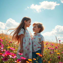 A charming scene featuring a girl and boy looking into each other's eyes with tender expressions