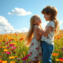 A charming scene featuring a girl and boy looking into each other's eyes with tender expressions