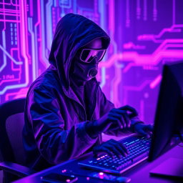 A figure wearing a dark hooded jacket, mask, and futuristic glasses, seated in front of a computer with a keyboard
