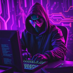 A figure wearing a dark hooded jacket, mask, and futuristic glasses, seated in front of a computer with a keyboard