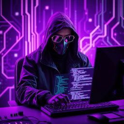 A figure wearing a dark hooded jacket, mask, and futuristic glasses, seated in front of a computer with a keyboard