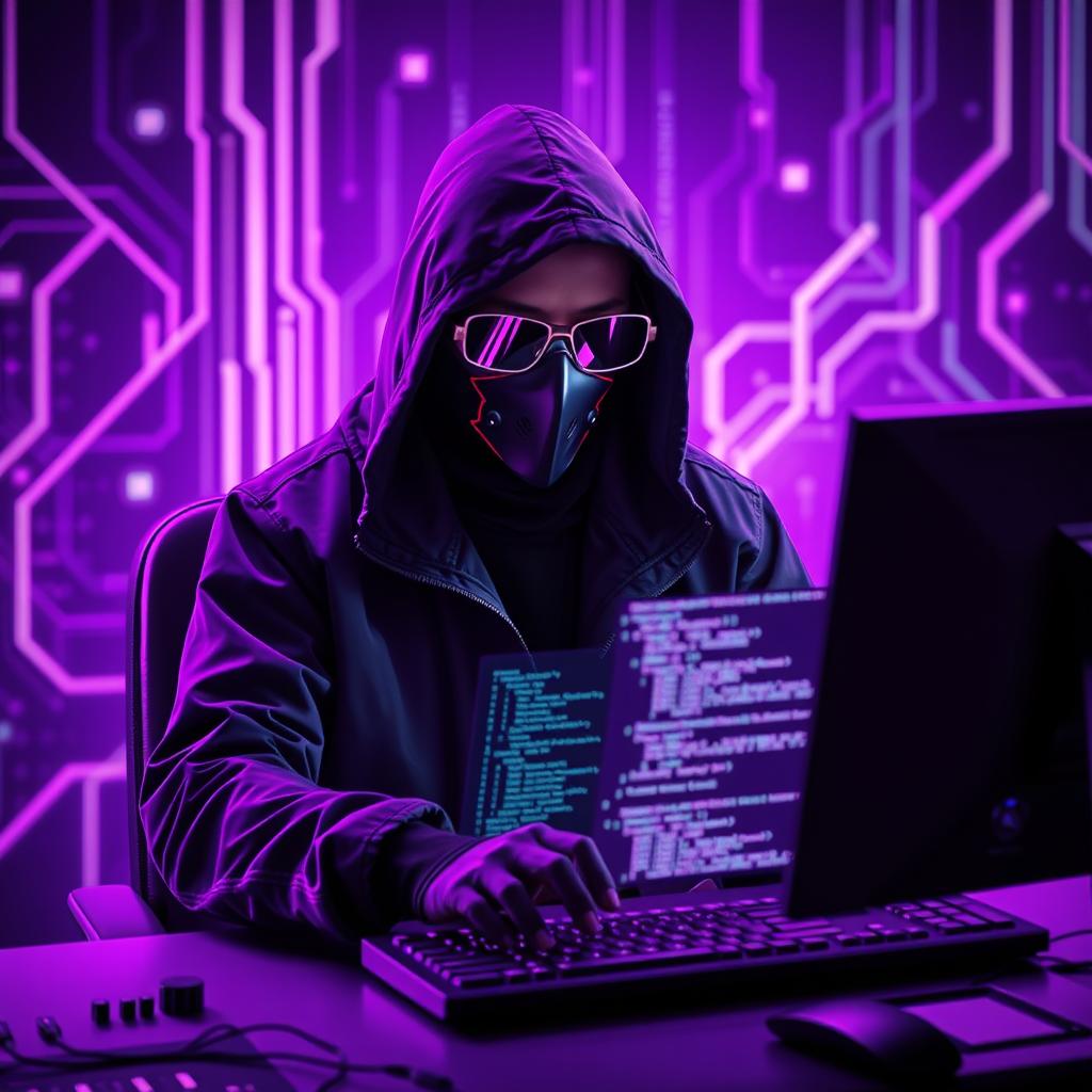 A figure wearing a dark hooded jacket, mask, and futuristic glasses, seated in front of a computer with a keyboard