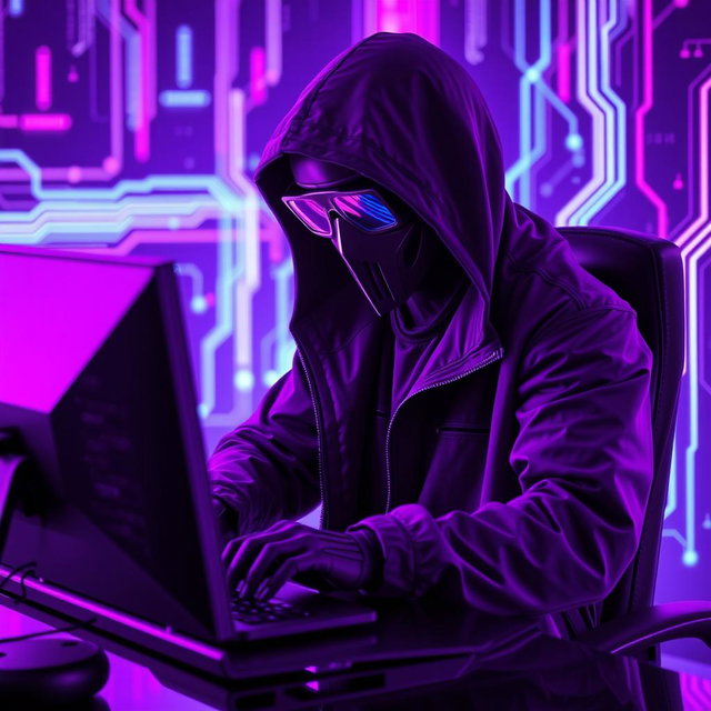 A figure wearing a dark hooded jacket, mask, and futuristic glasses, seated in front of a computer with a keyboard