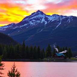 A picturesque mountain landscape during sunset, showcasing vibrant orange and purple hues in the sky
